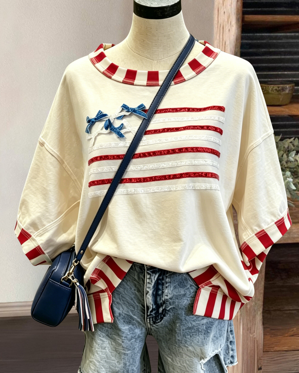 Bow Striped Sequined Flag T-shirt