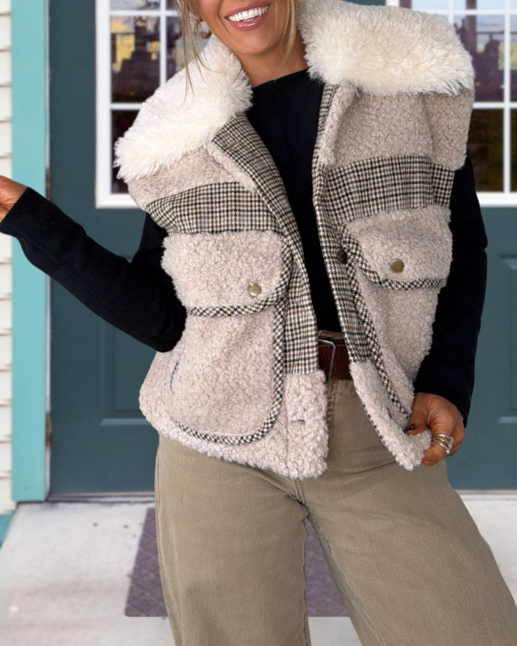 Plaid Patchwork Lamb Fleece Vest