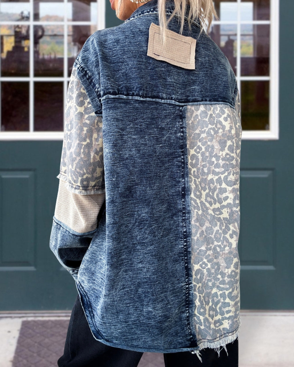 Chic Leopard Waffle Denim Jacket