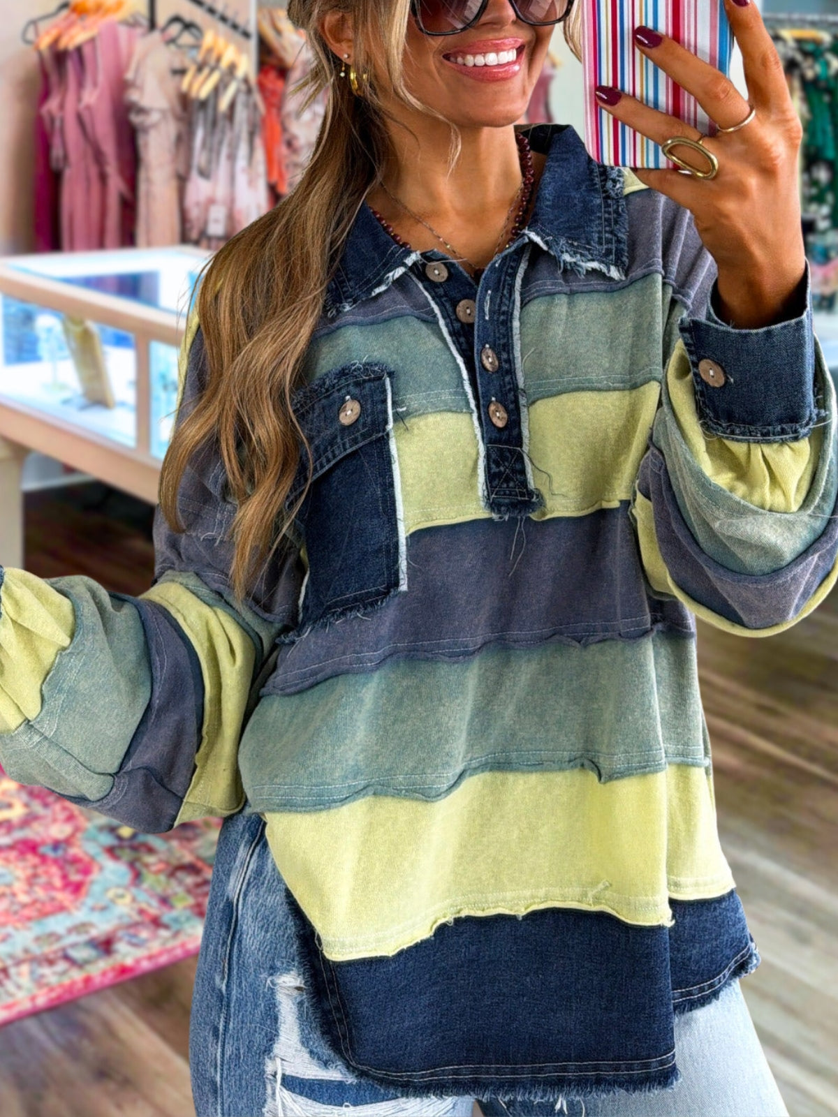 Color-blocked Patchwork Distressed Washed Pullover