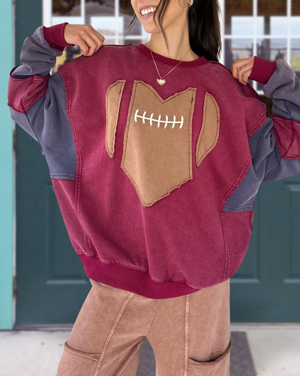 Football Embroidered Appliqué Washed Pullover