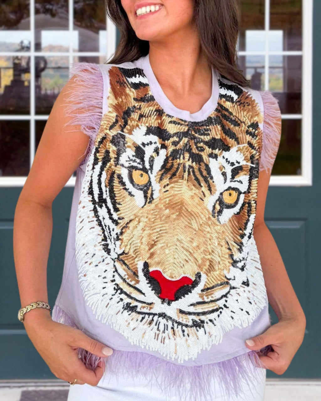 Feather Trim Tiger Sequin Vest