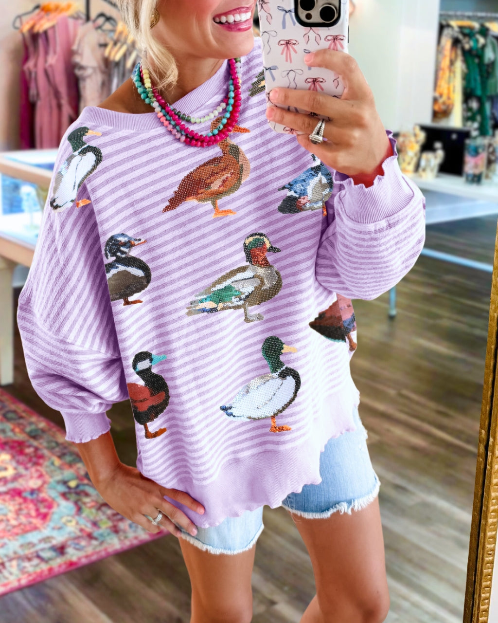 Cute Duck Sequin Stripe Sweatshirt