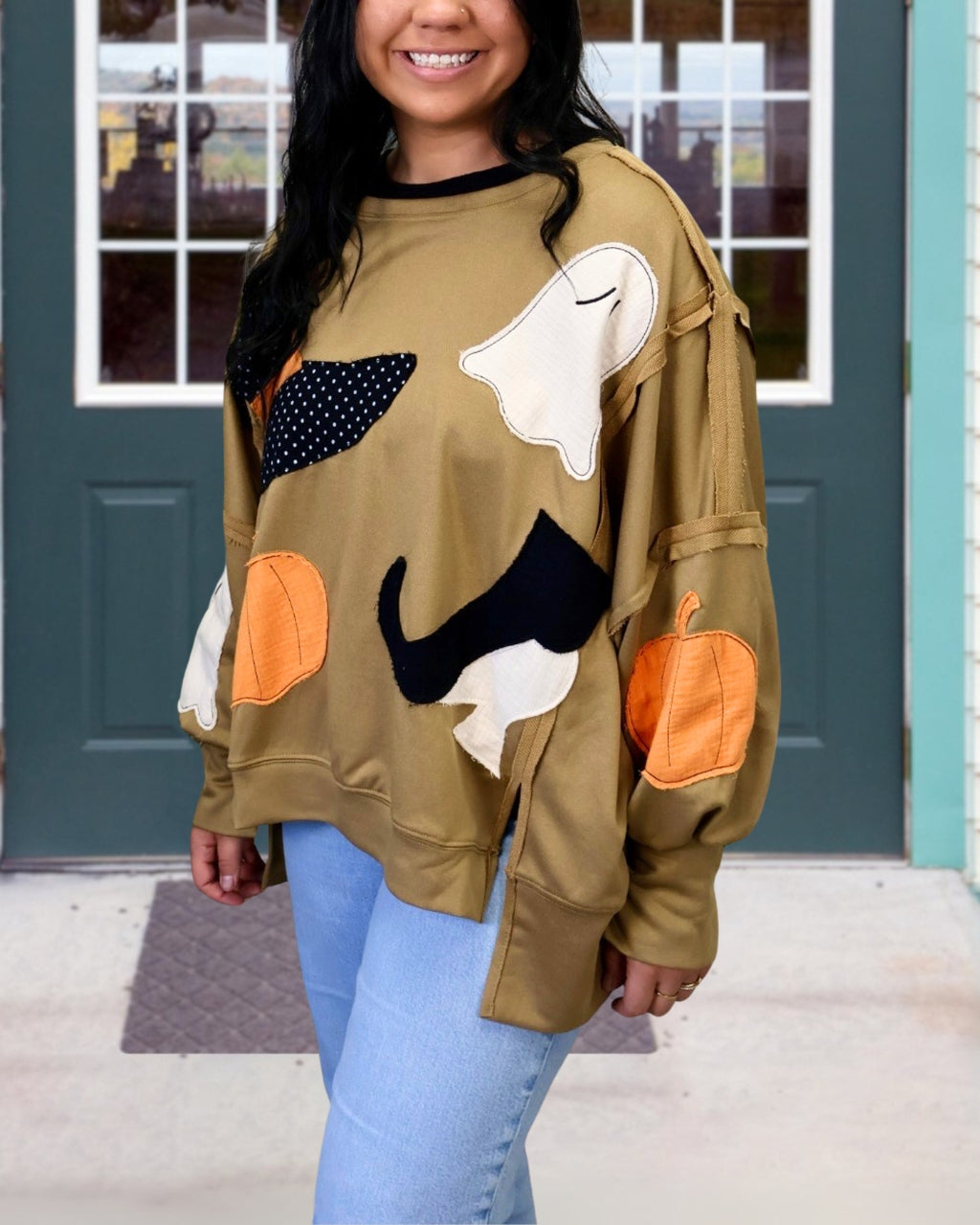 Halloween Pumpkin Ghost Embroidery Patchwork Pullover