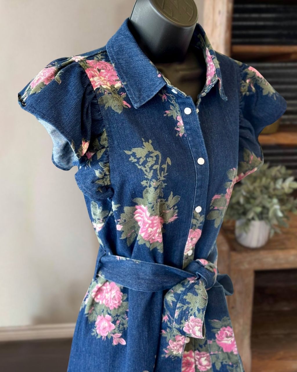 Floral Denim Belted Shirt Dress