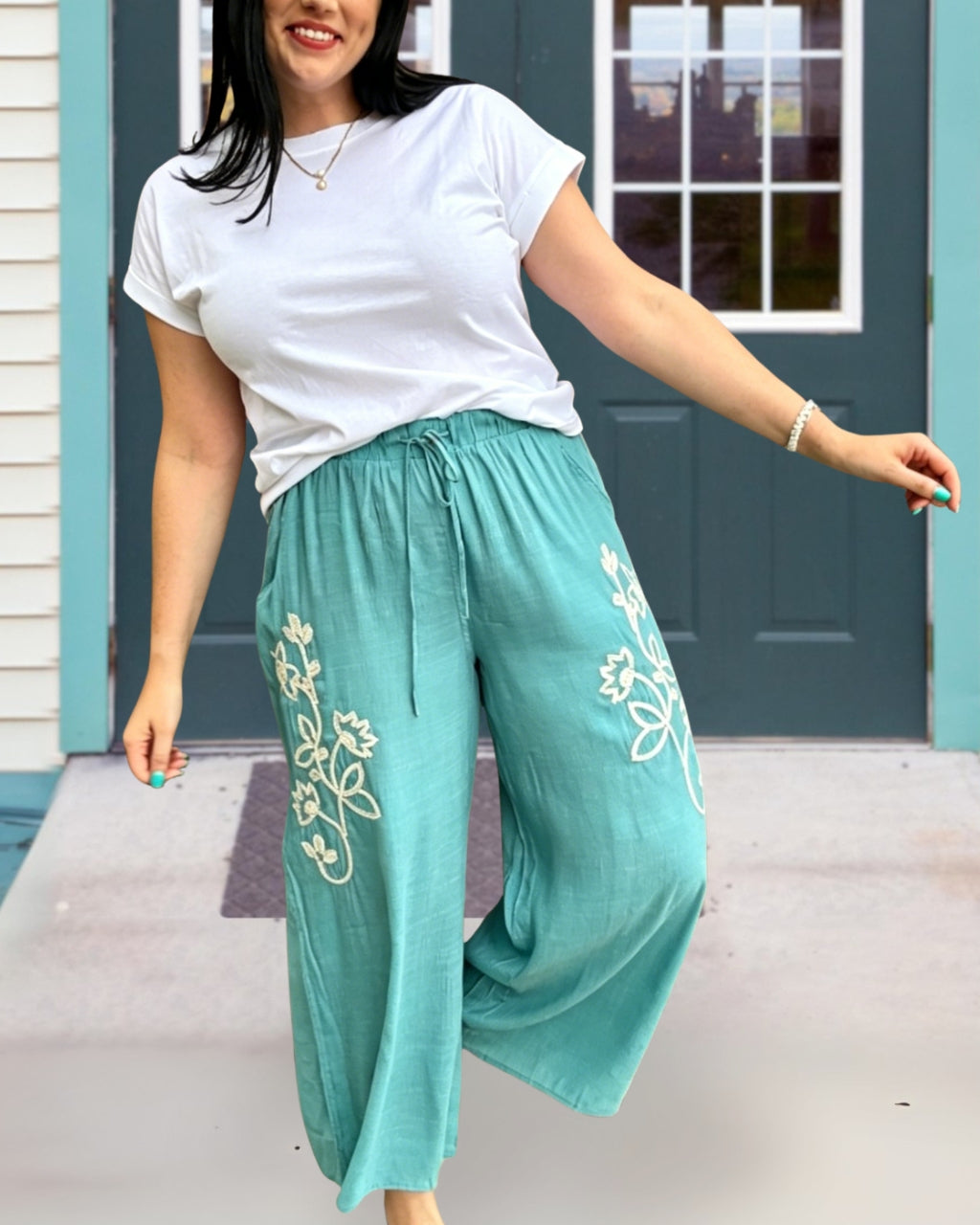 Floral-embroidered Linen Wide-leg Pants