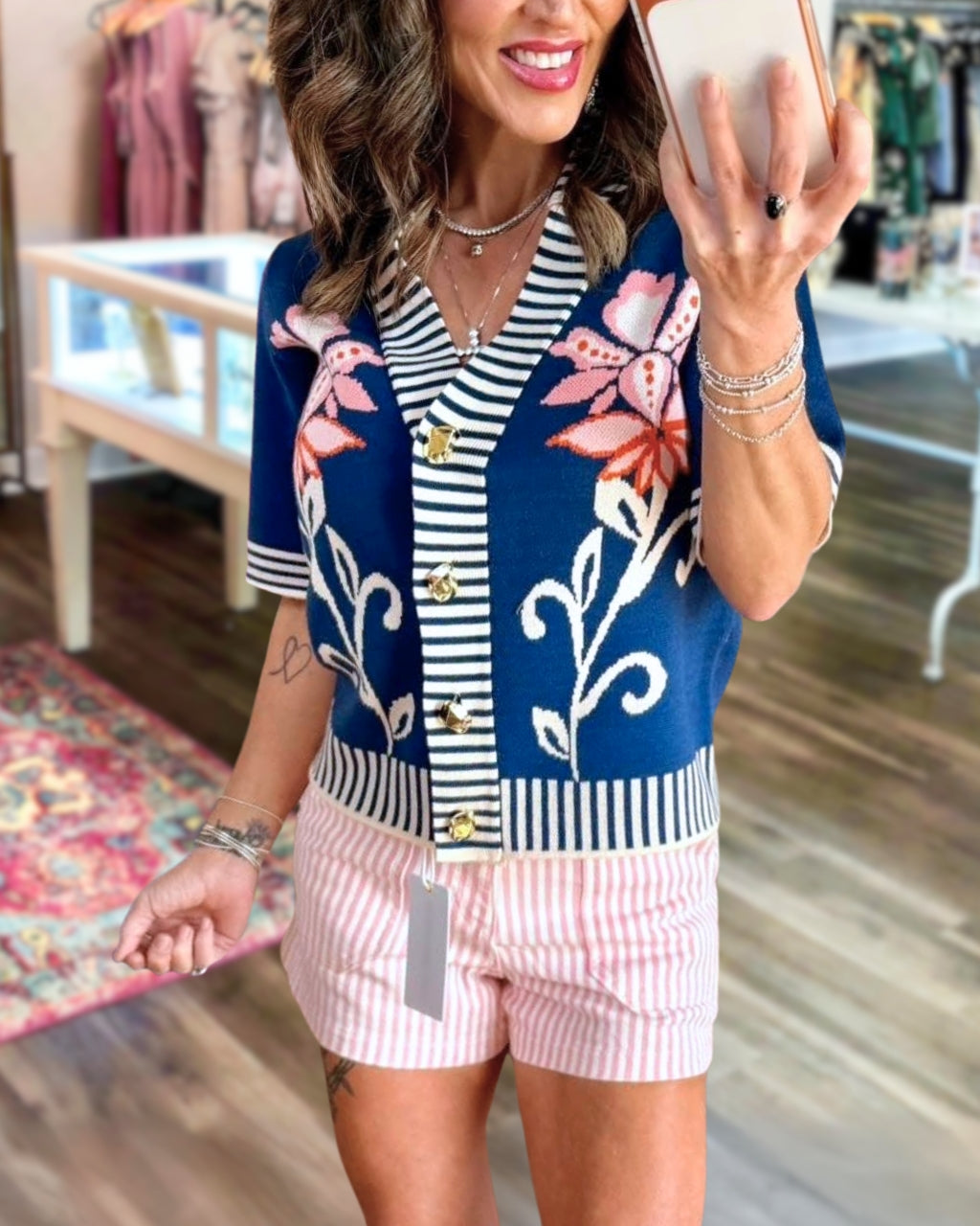 Floral Striped Trim Knitted Cardigan