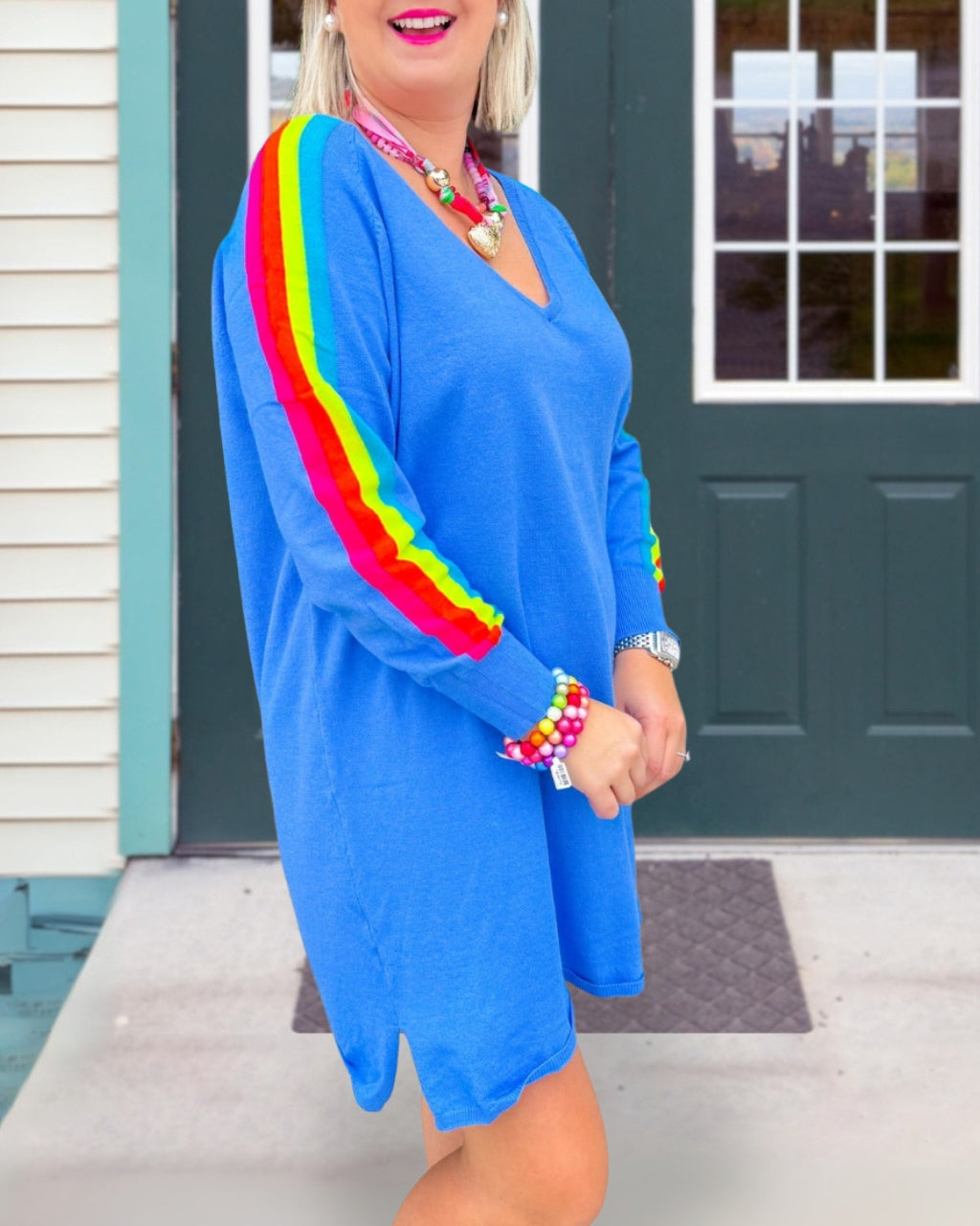 Side Striped V-neck Pullover Dress