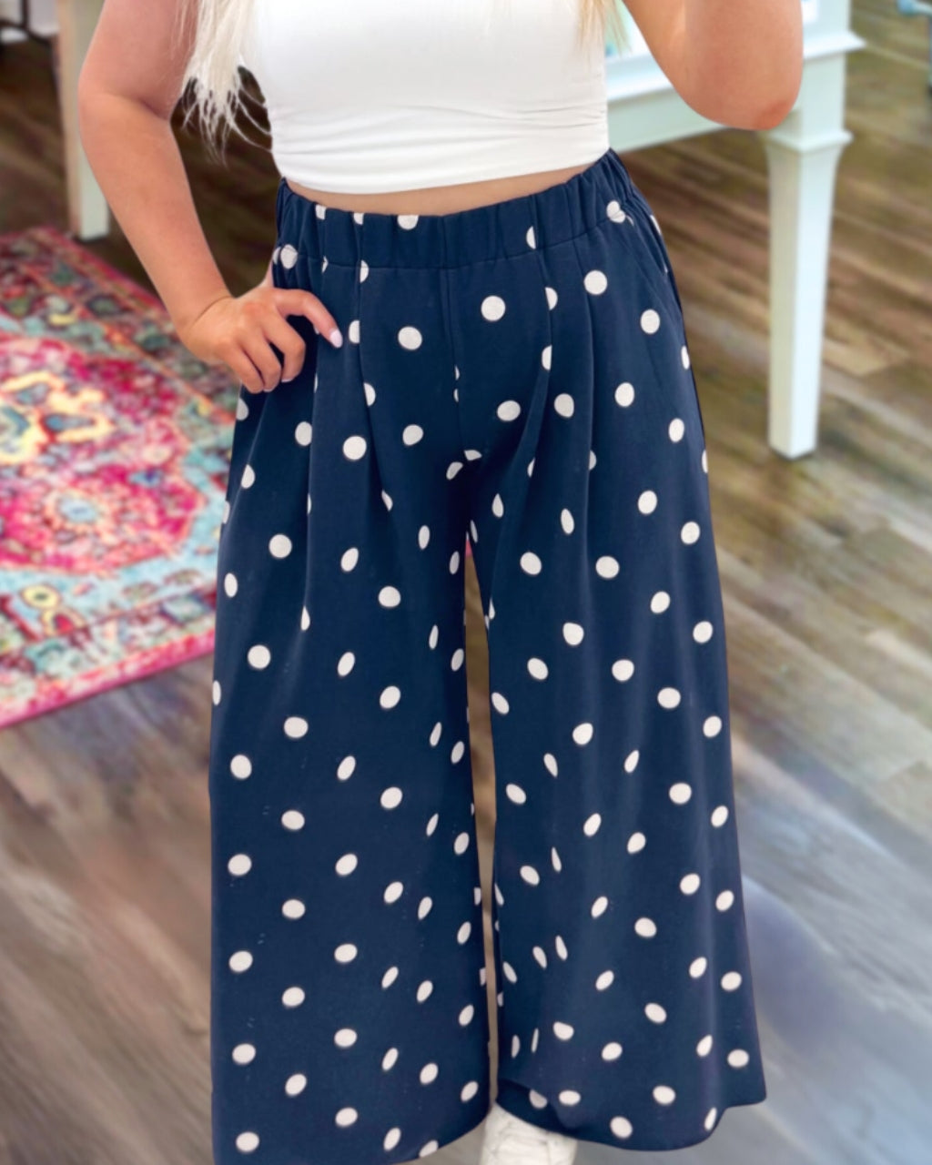 Pleated Polka Dot Wide Leg Pants