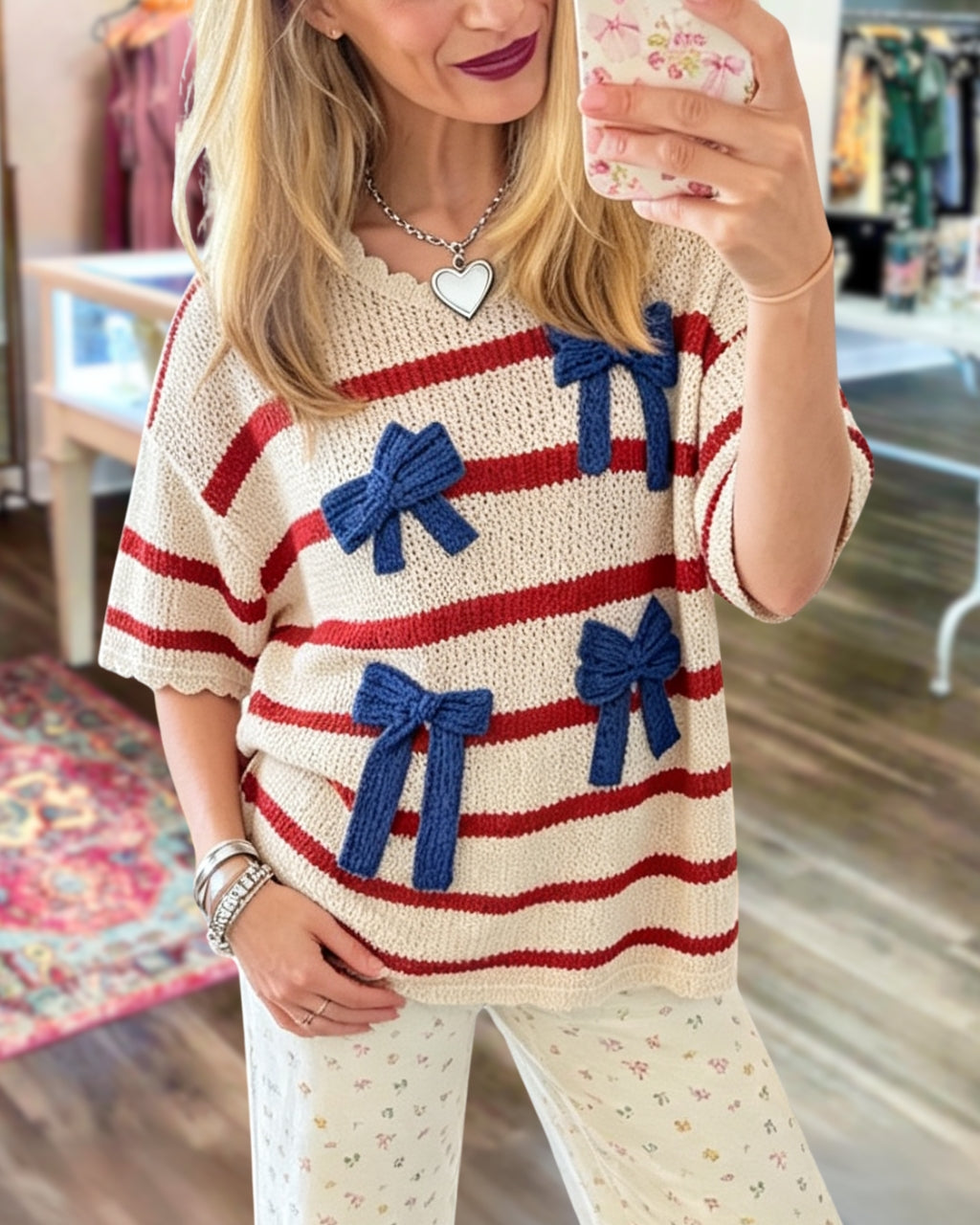 Bow Striped Knit Top