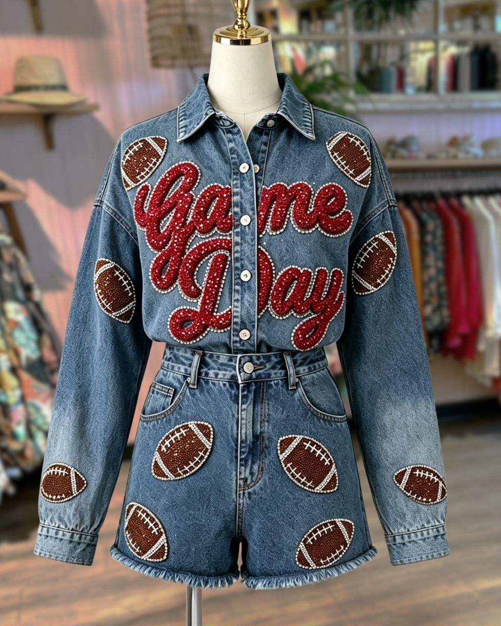 Game Day Sequined Football Denim Jacket