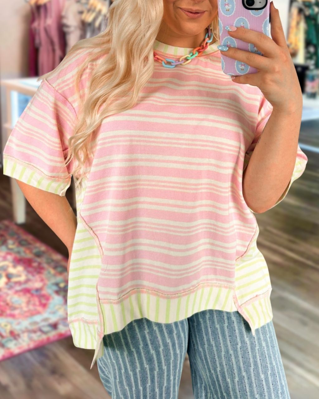 Color-blocked Striped Loose T-shirt