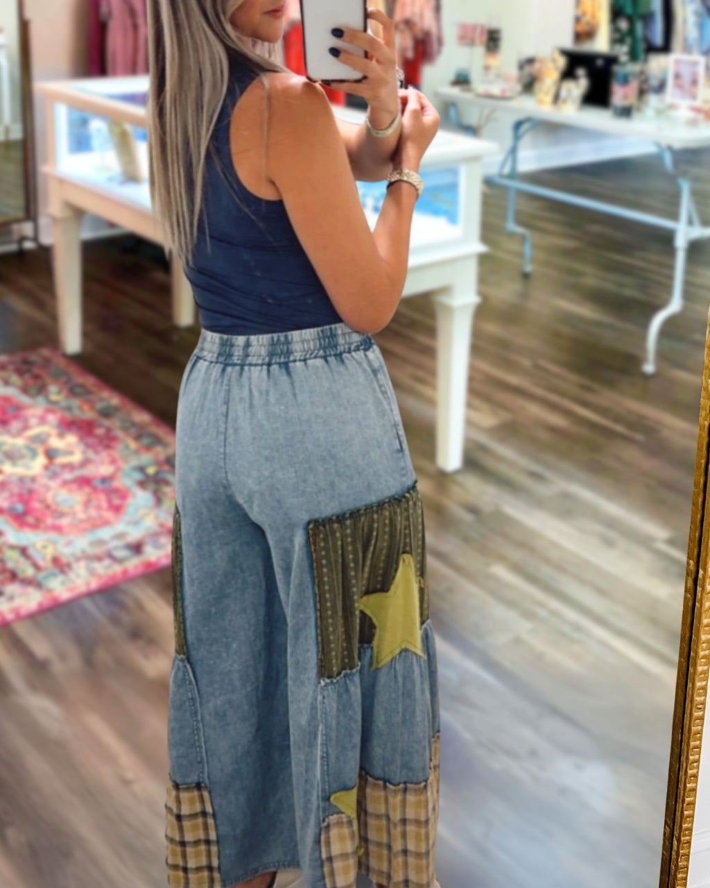 Star Patchwork Wide-Leg Denim Pants