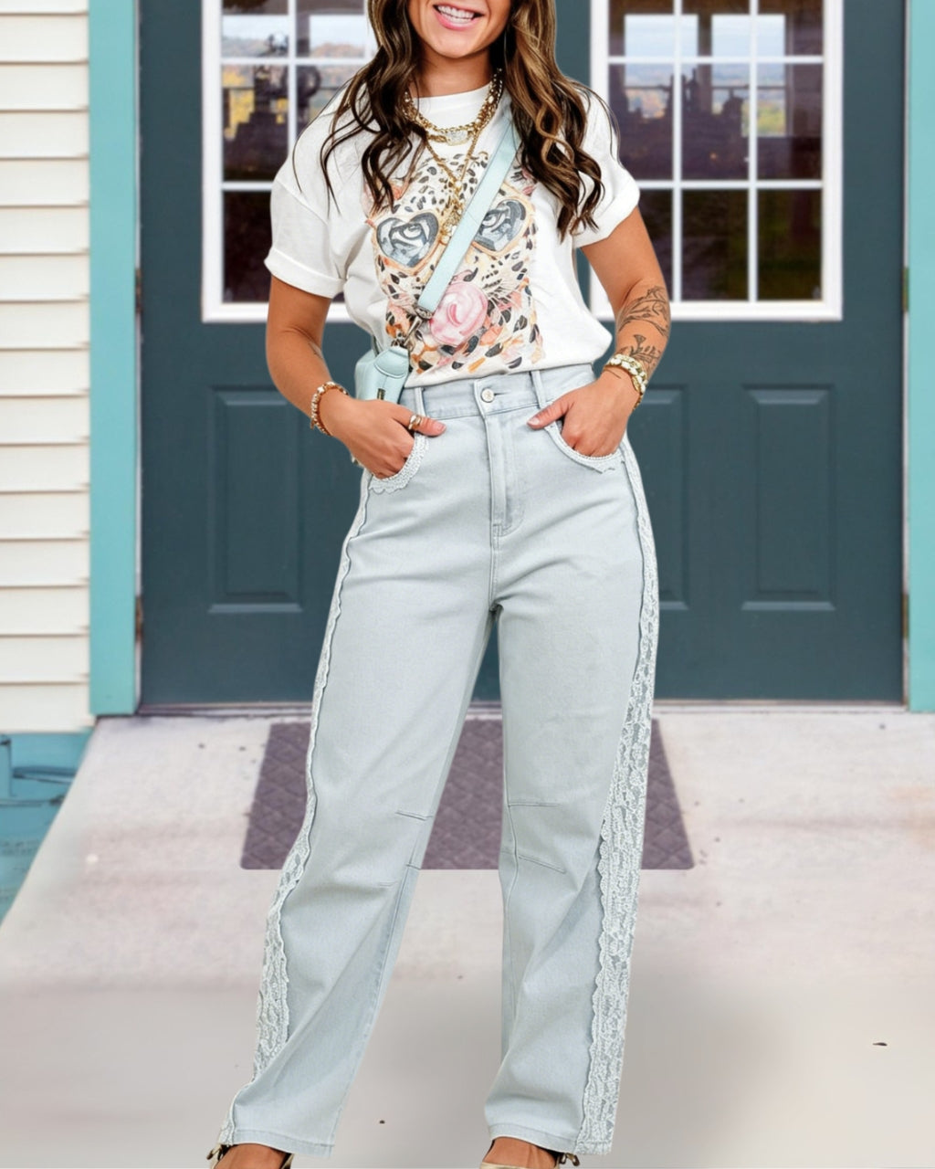 Lace-trimmed Denim Pants