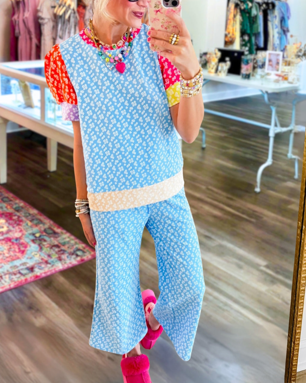 Color-blocked Sleeves Floral Set