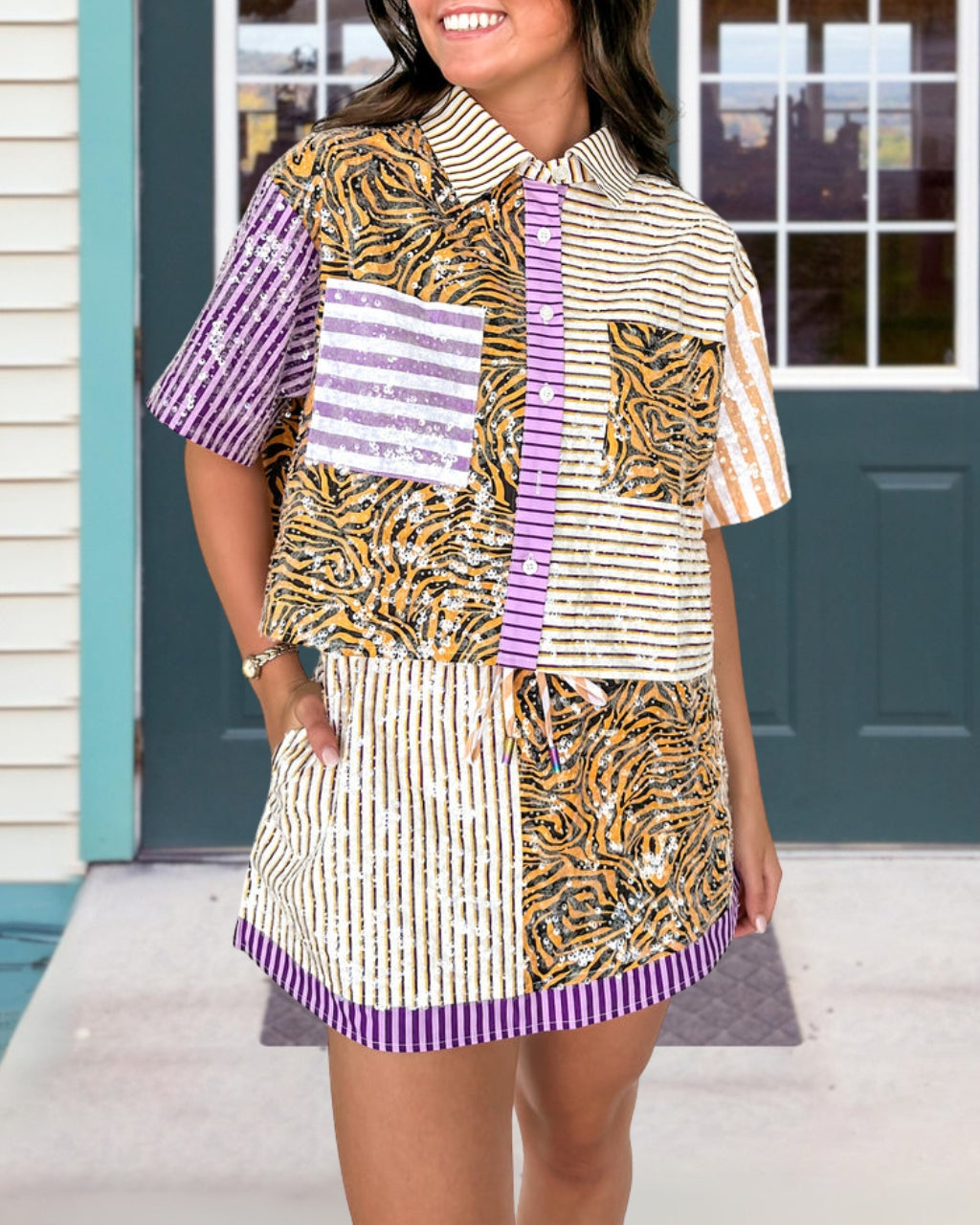 Team Pride Sequin Tiger Colorblock Top
