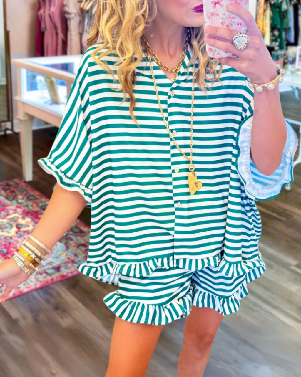 Casual Striped Ruffled Shorts Set