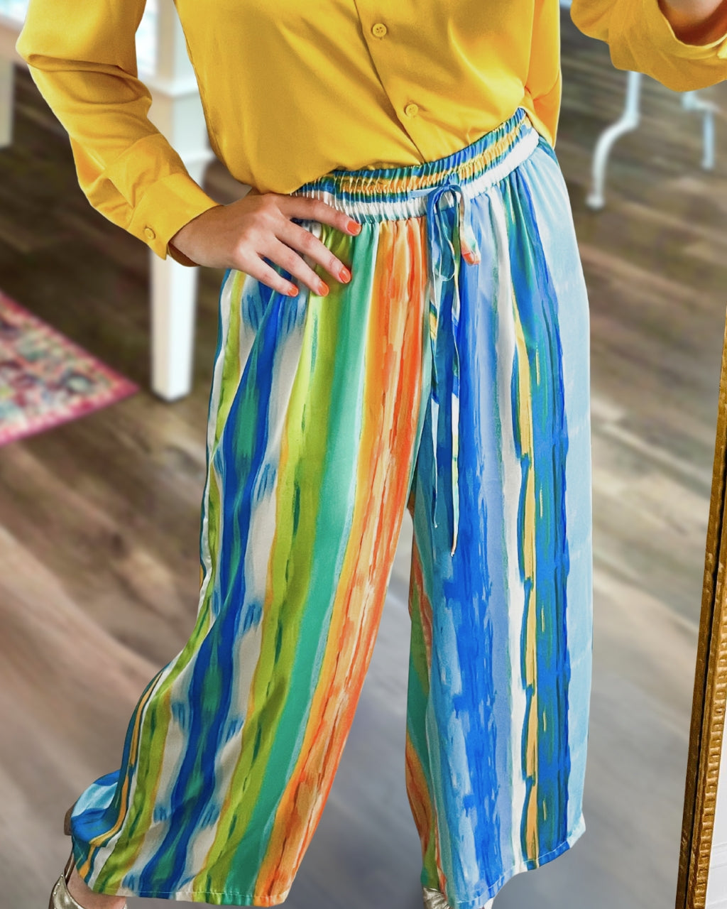 Oil-Painting Stripe Satin Wide-Leg Pants