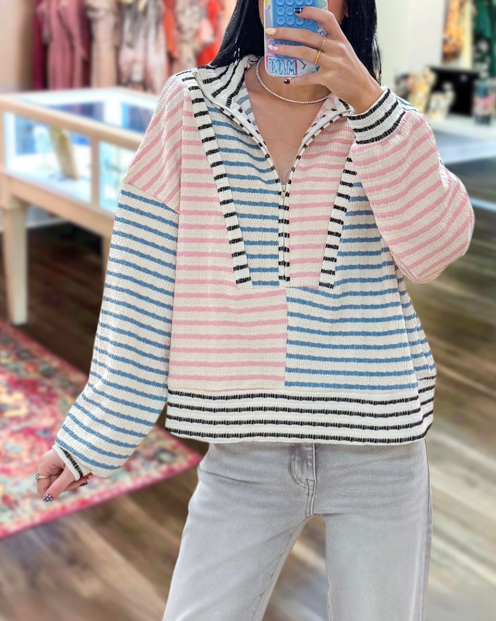 Color Block Striped Half-zip Drop Shoulder Pullover