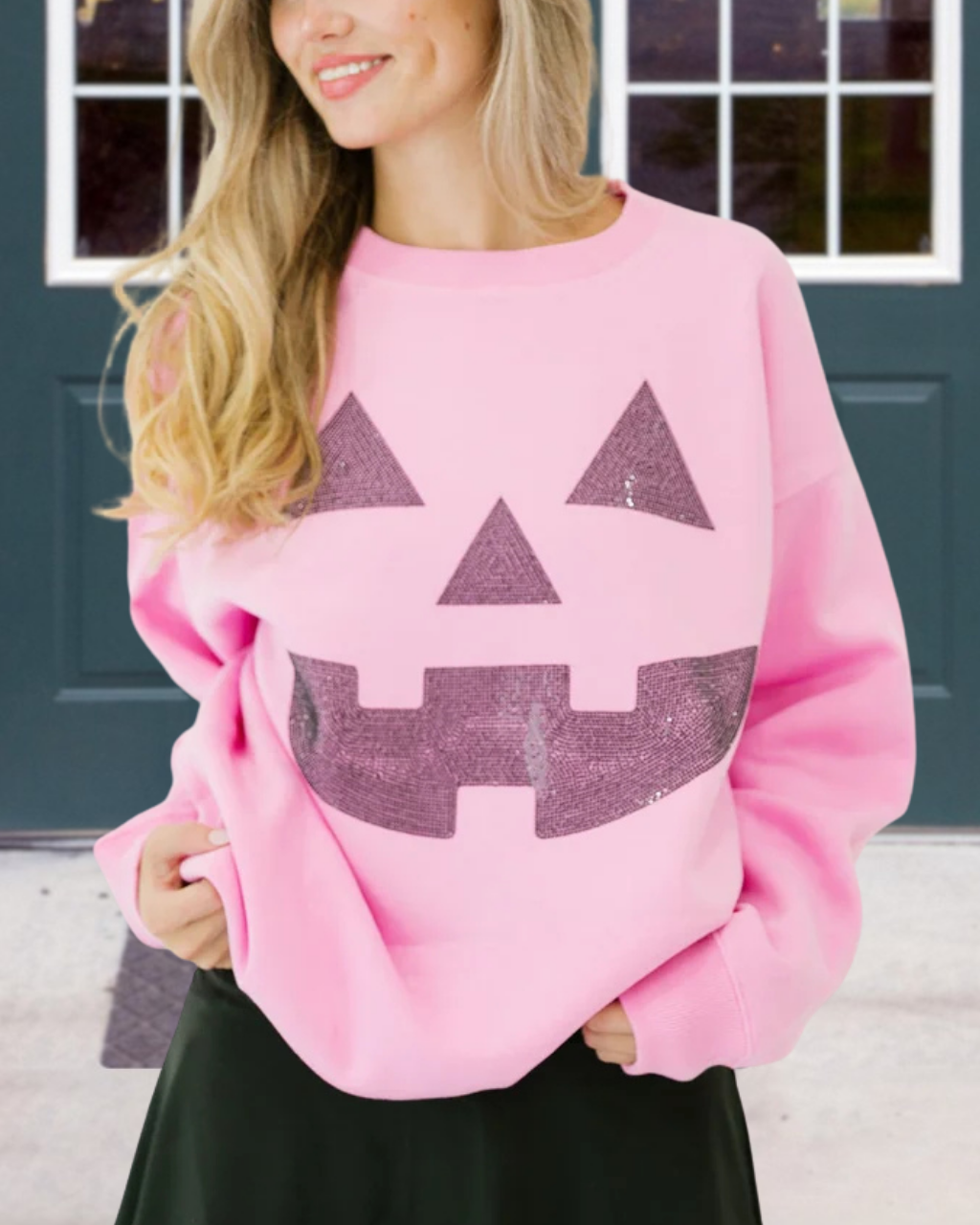 Sequin Pumpkin Smiley Face Pullover