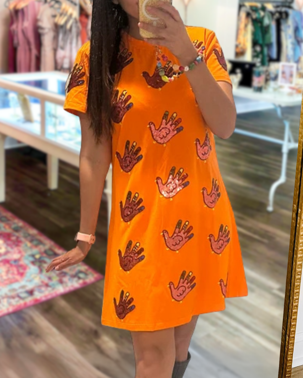 Sequined Turkey Handprint Pattern Dress