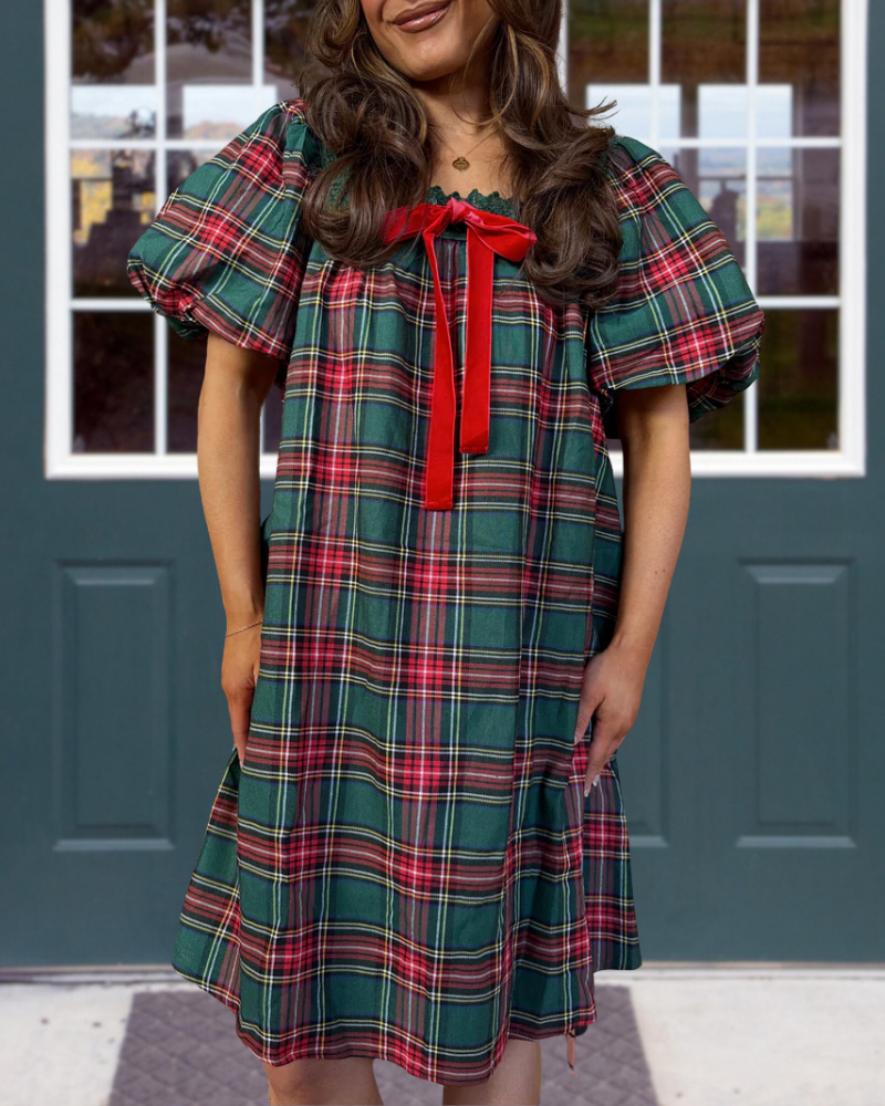 Stylish Plaid Bow Lace Dress