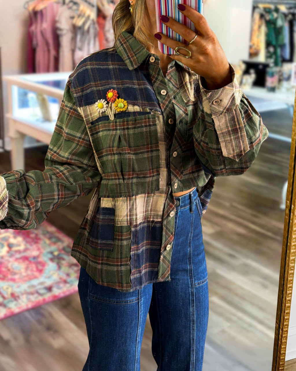 Floral Embroidery Brushed Plaid Patchwork Shirt