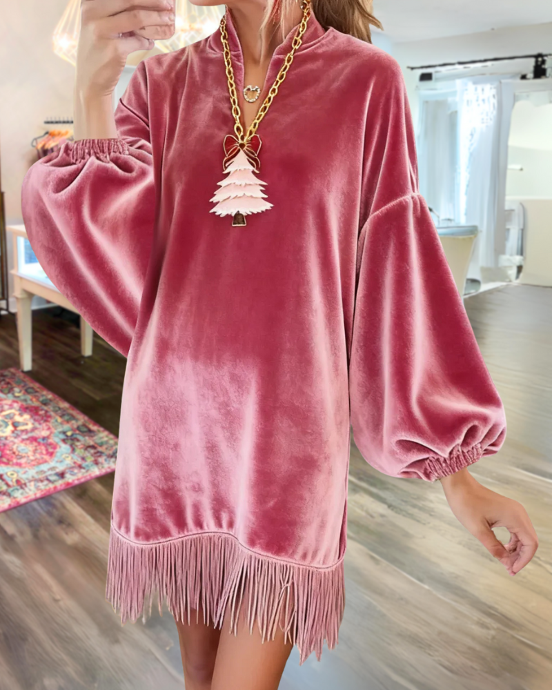 Velvet Tassel V-Neck Mini Dress