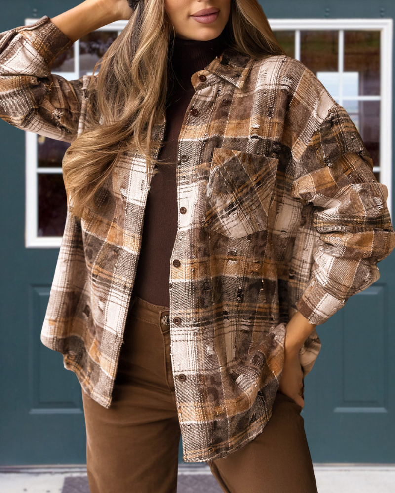 Brushed Plaid Lapel Shirt Jacket