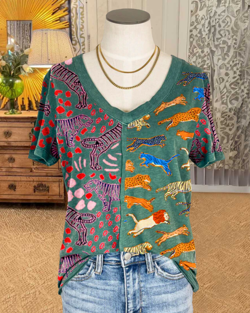 Wild Animal Print V-Neck Top