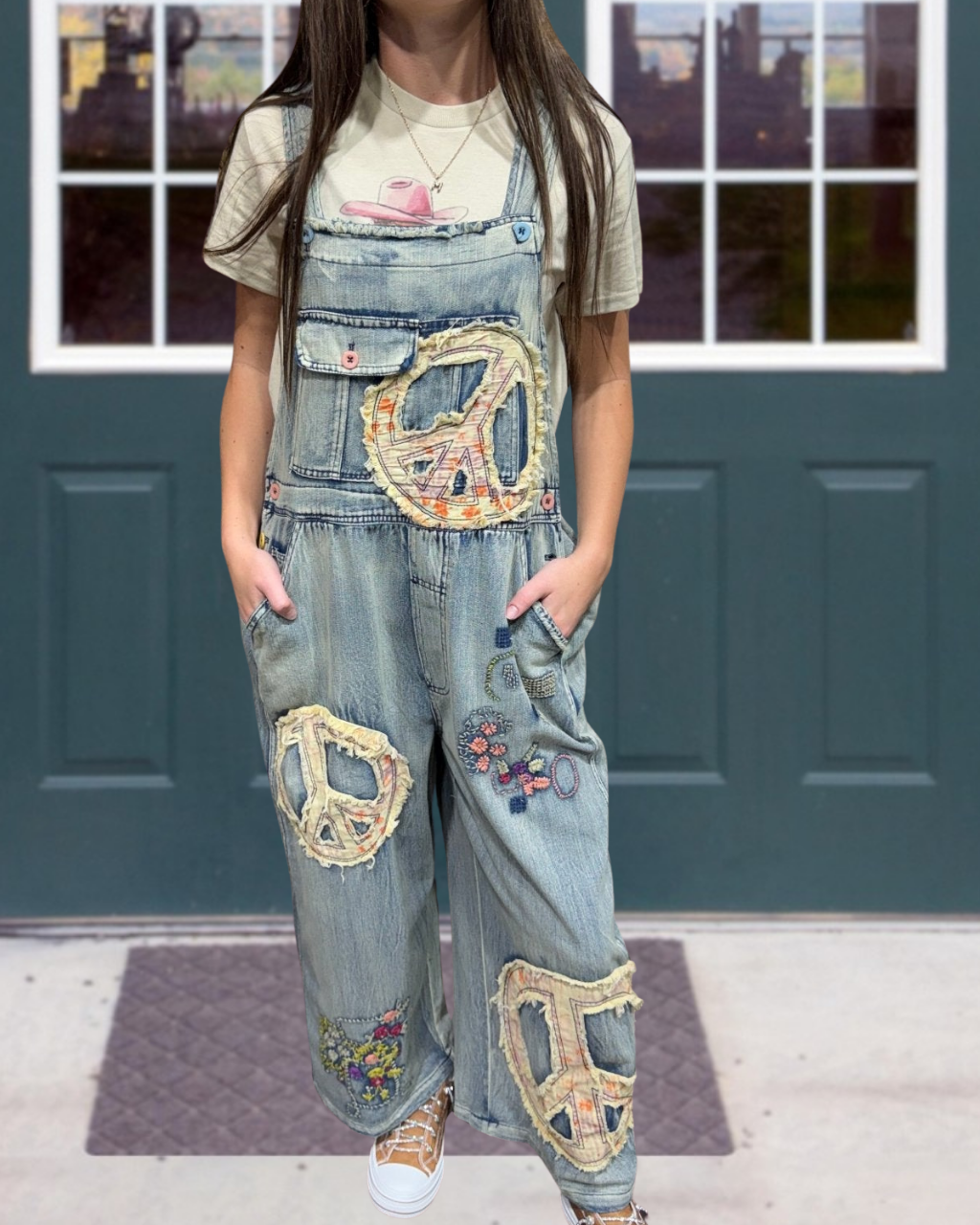 Peace Symbol Embroidered Denim Overalls