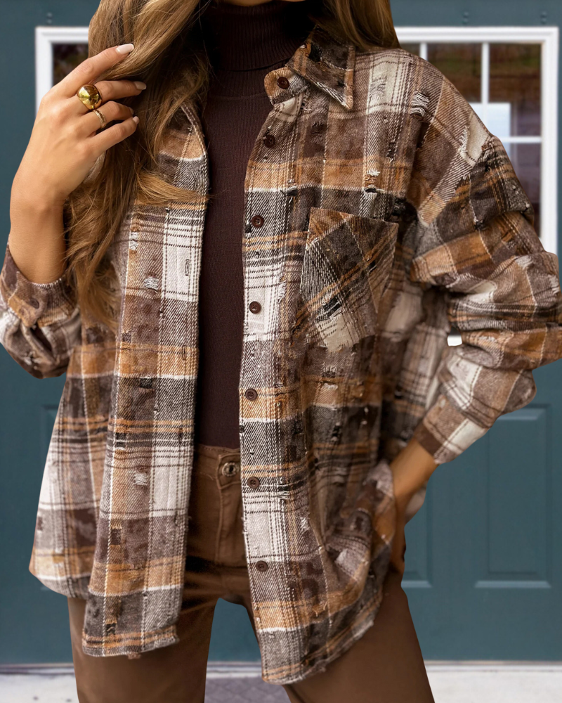 Brushed Plaid Lapel Shirt Jacket