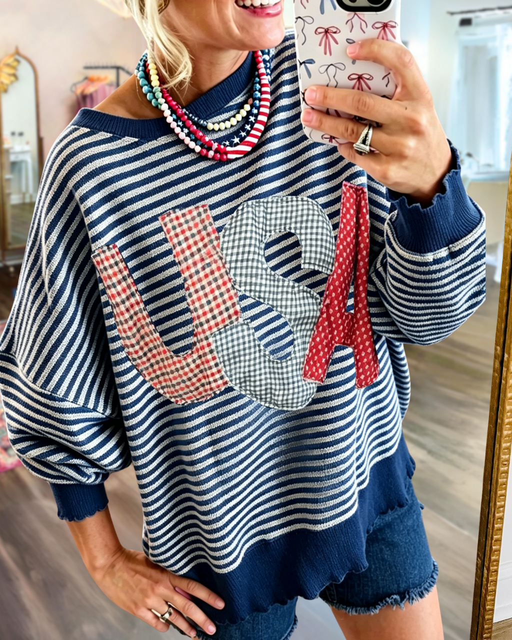 USA Plaid Patch Striped Sweatshirt
