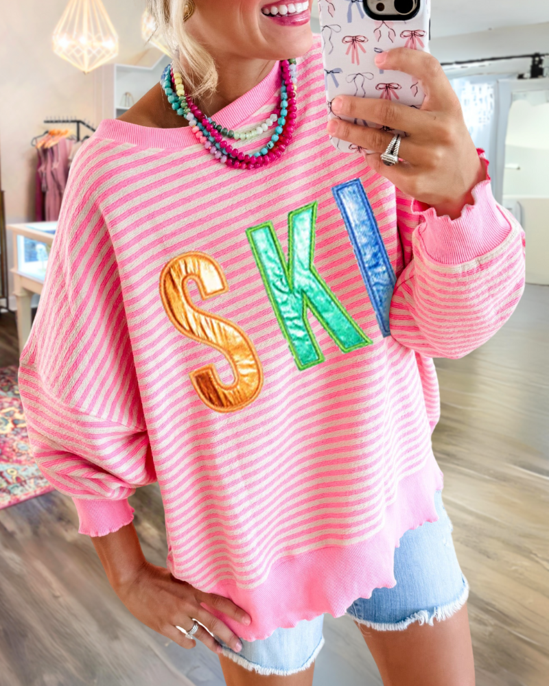 SKI Embroidered Striped Sweatshirt