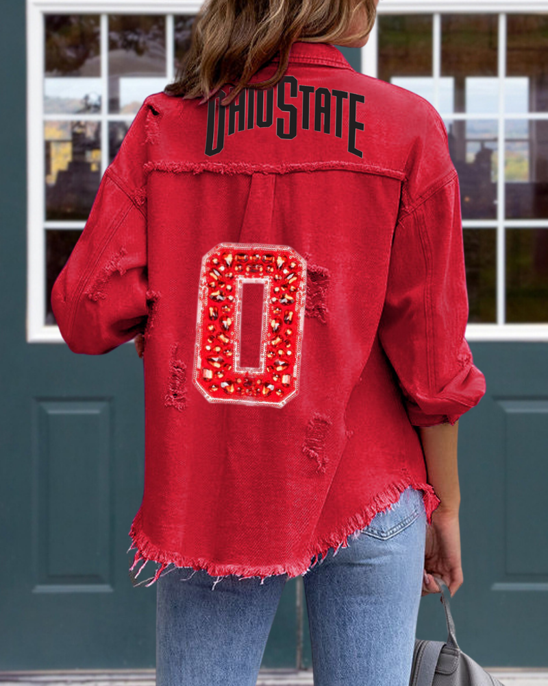 OHIO Sequined Distressed Denim Jacket