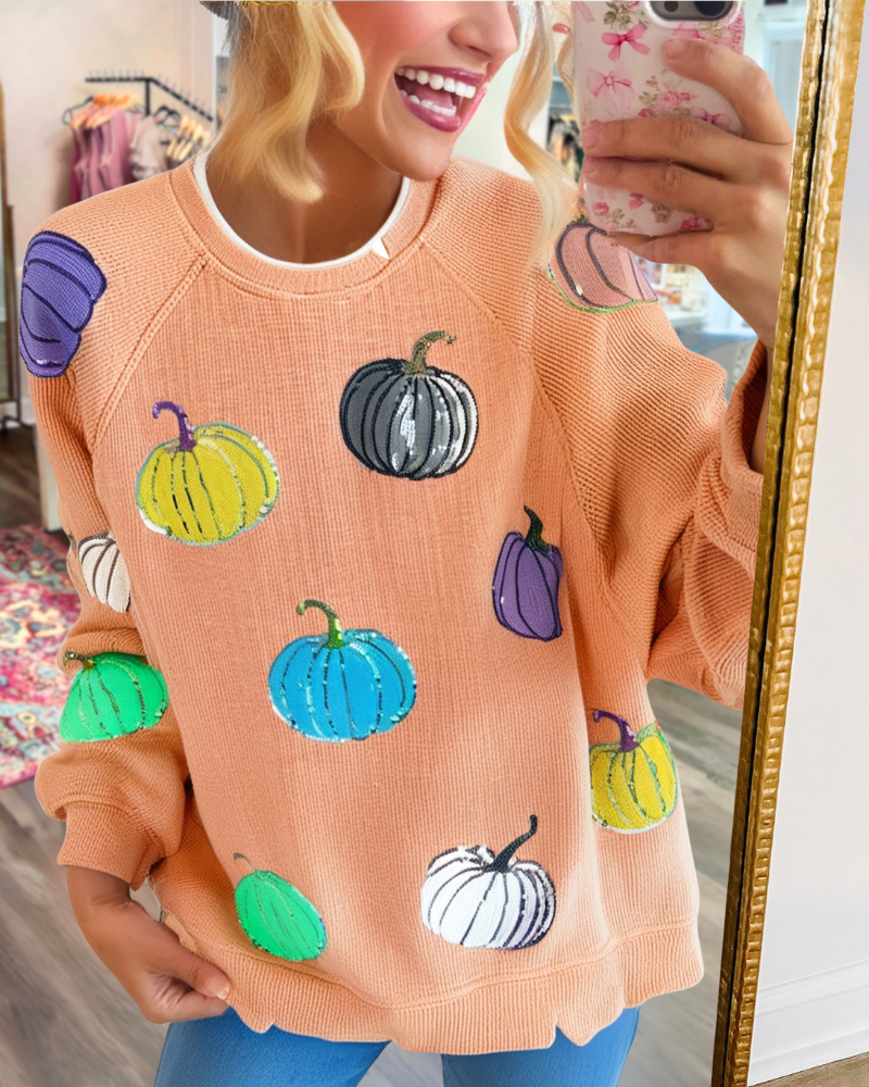 Pumpkin Sequin Ribbed Sweater