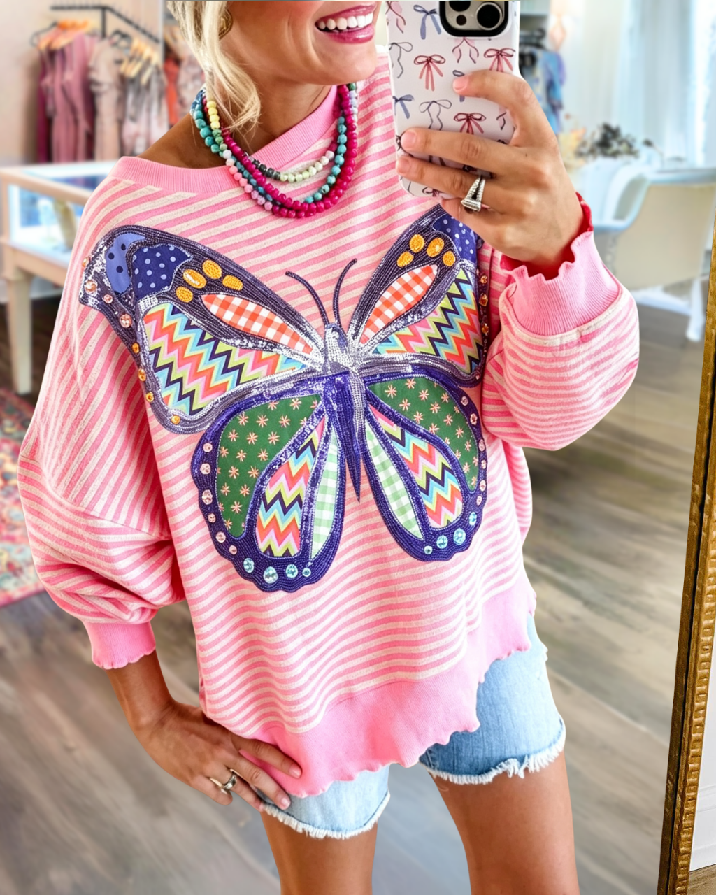Oversized Butterfly Sequins Striped Sweatshirt