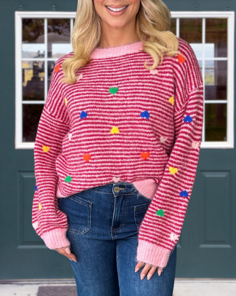 Heart Embroidered Striped Sweater