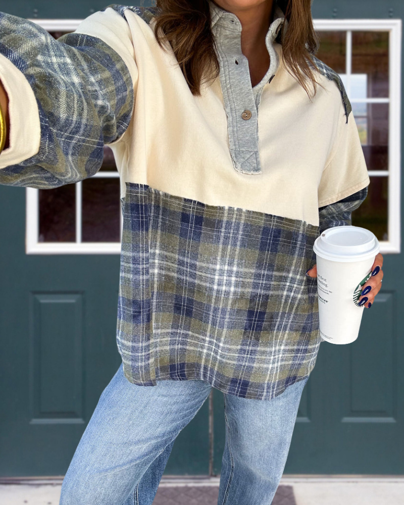 Plaid Henley Collar Sweatshirt