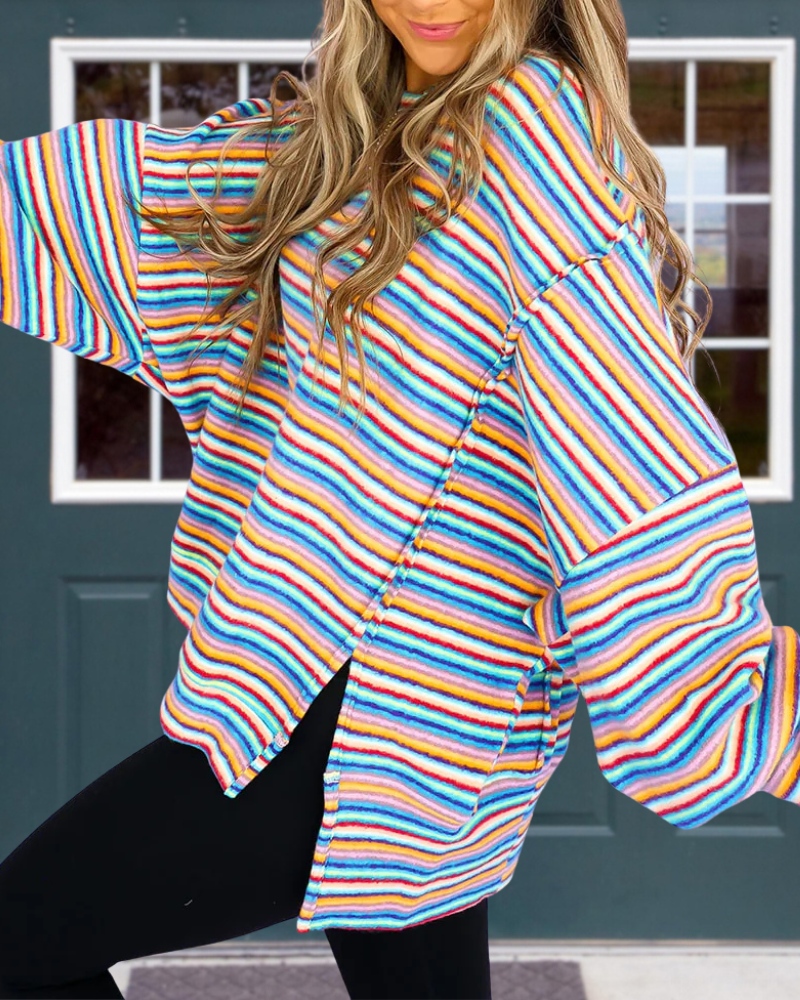 Rainbow Striped Split Pullover