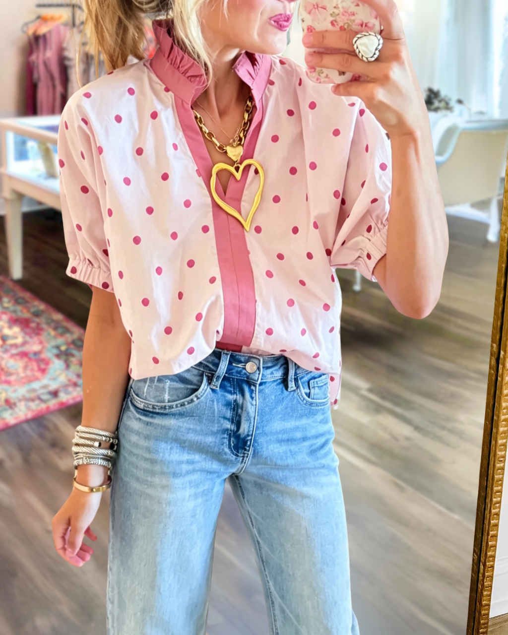 Polka Dot Ruffled Neckline Satin Top