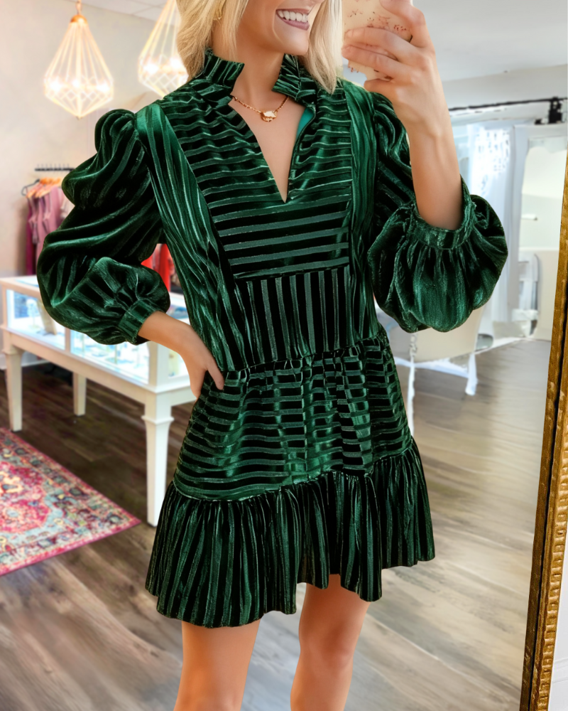 Striped Velvet V-Neck Mini Dress