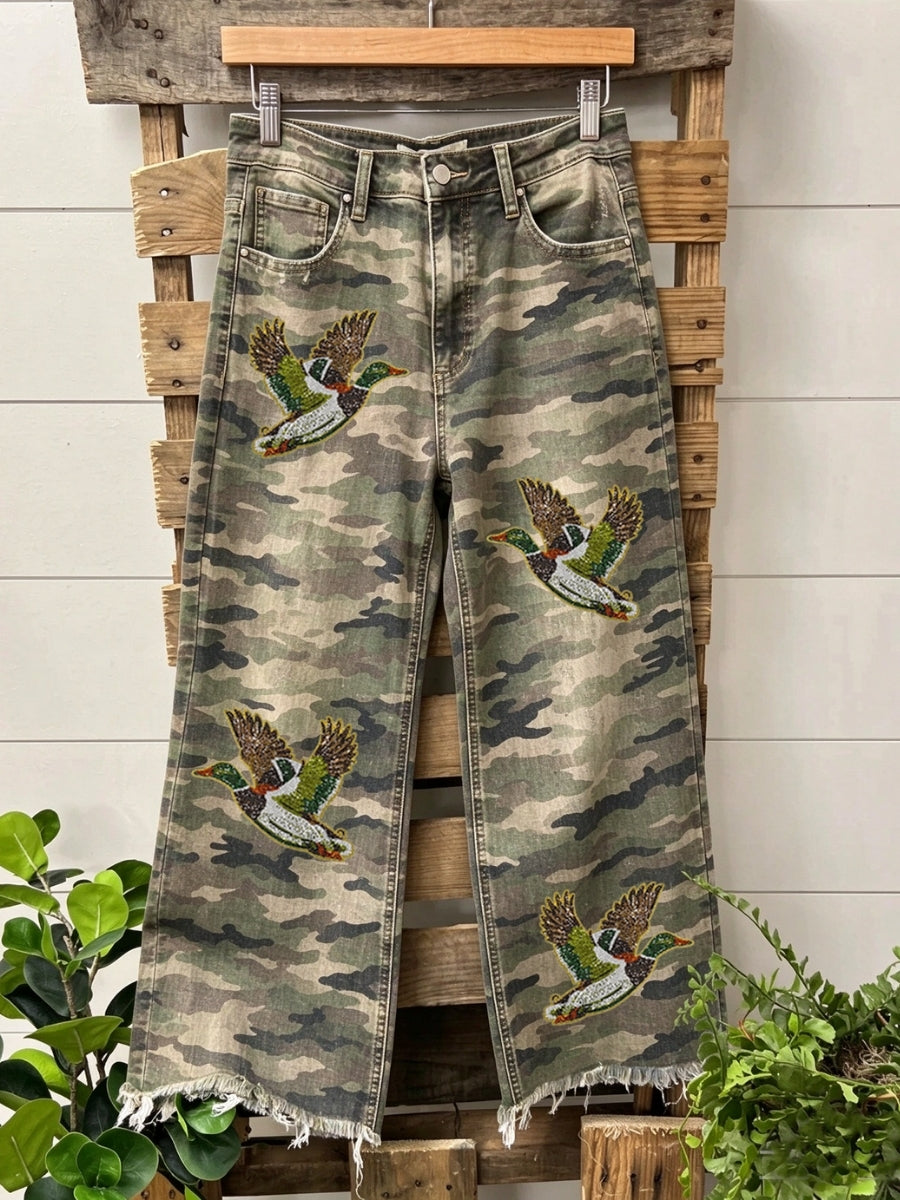 Mallard Duck Sequined Camouflage Frayed Pants
