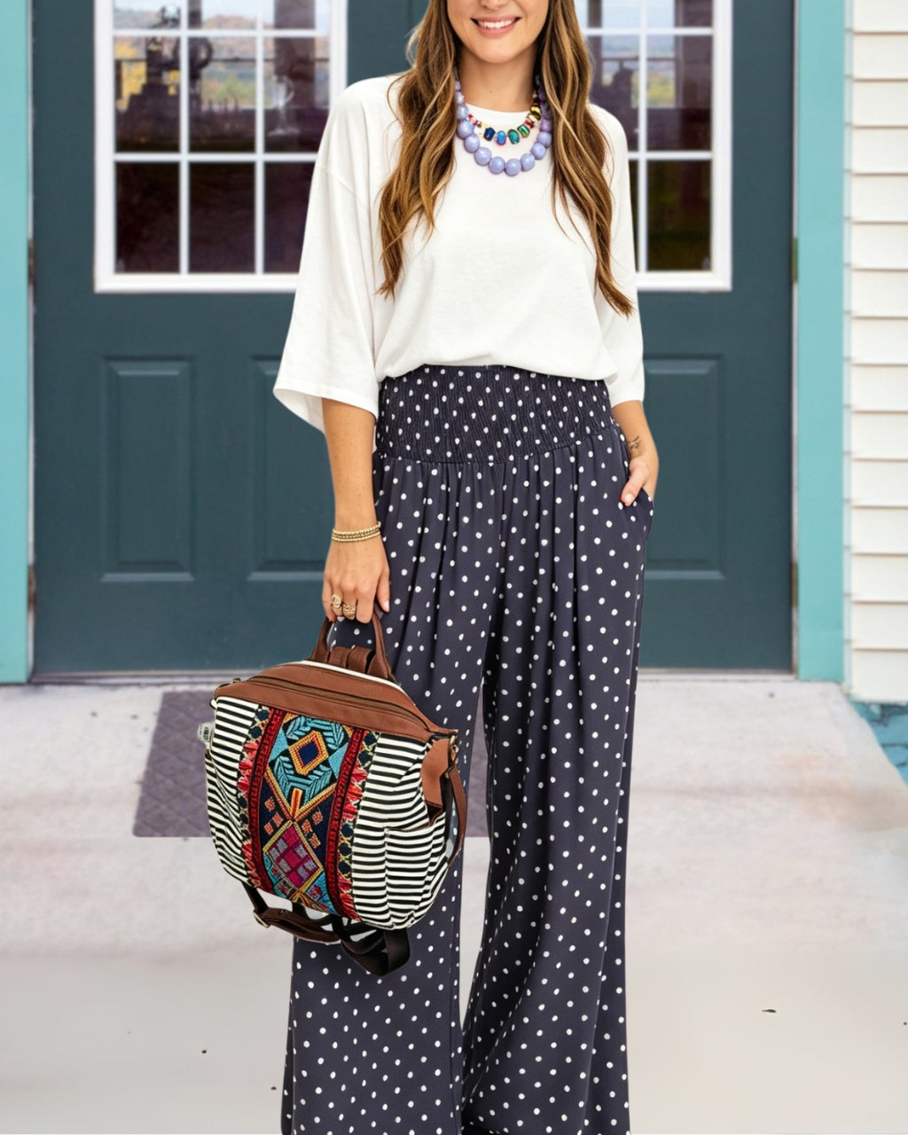 Smocked-waist Polka-dot Wide-leg Pants