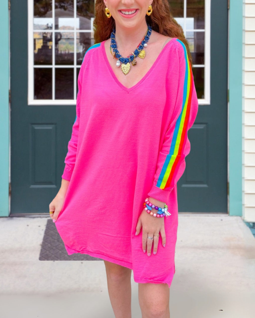 Side Striped V-neck Pullover Dress