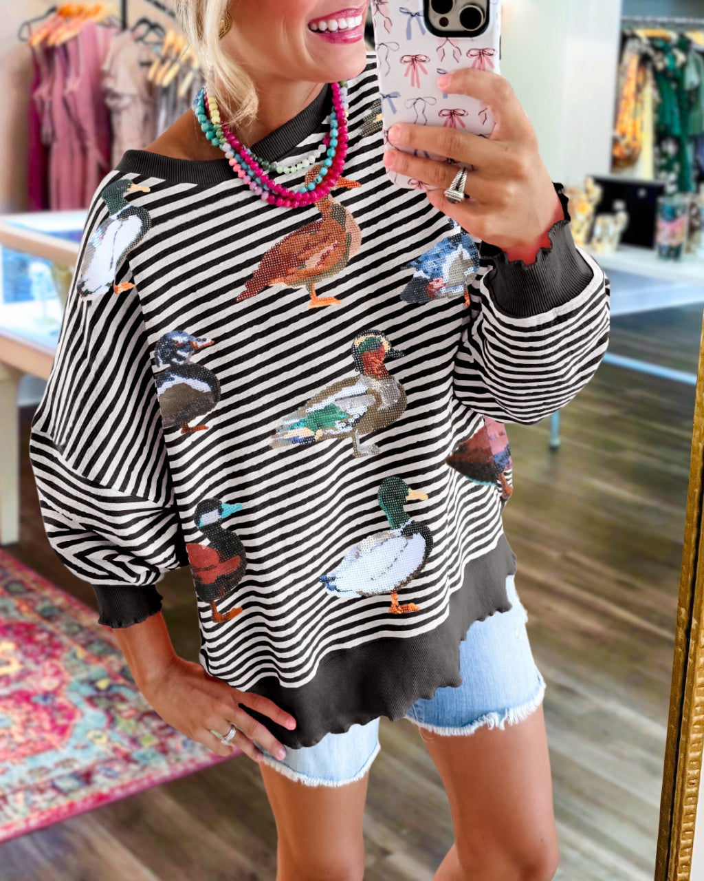 Cute Duck Sequin Stripe Sweatshirt