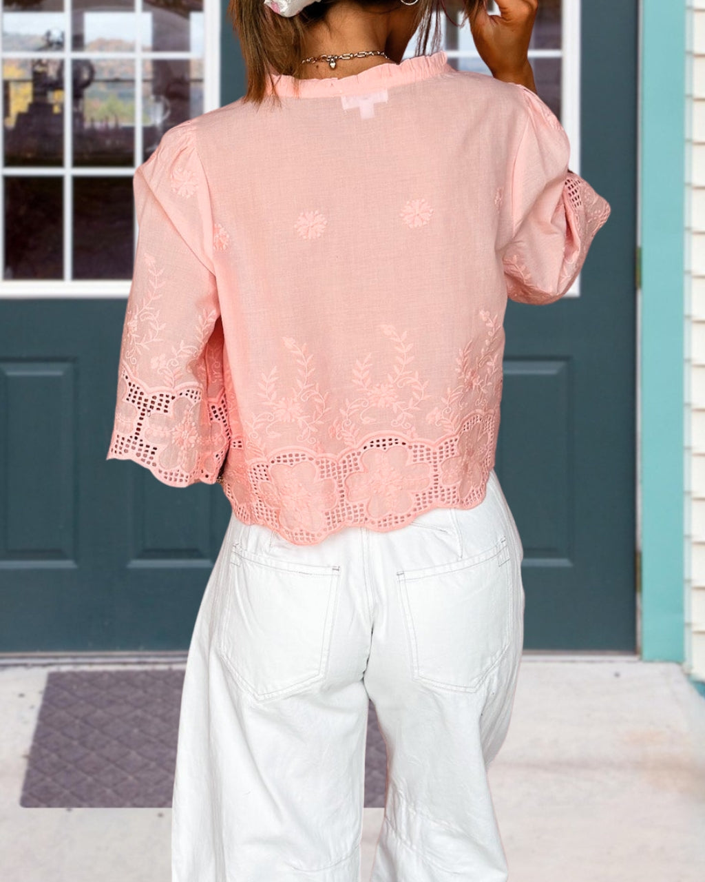 Lace-up Cutout Trim Embroidery Top