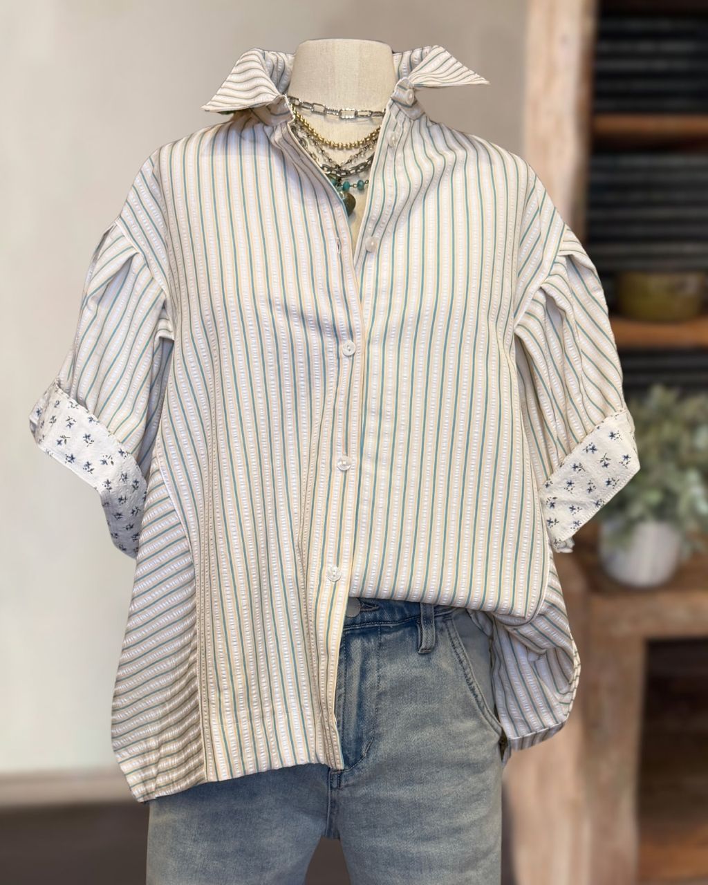 Textured Striped Floral Patchwork Shirt