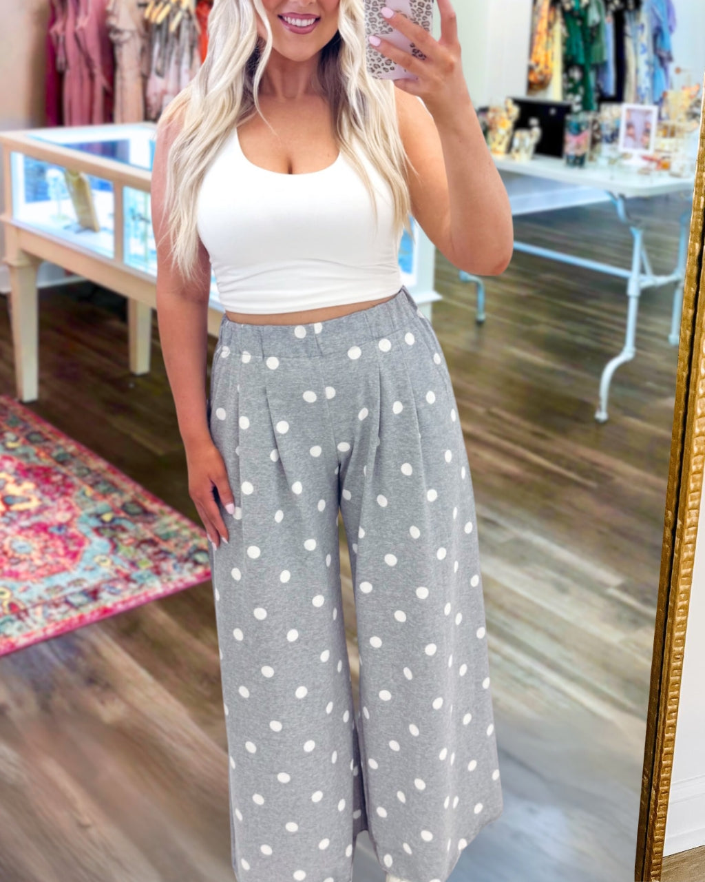 Pleated Polka Dot Wide Leg Pants