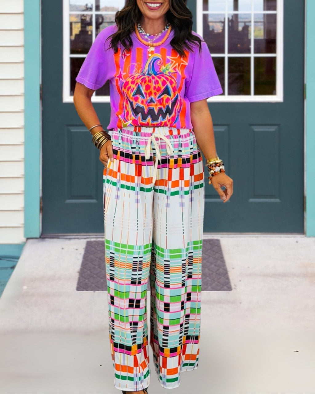 Colorful Plaid Drawstring Pants